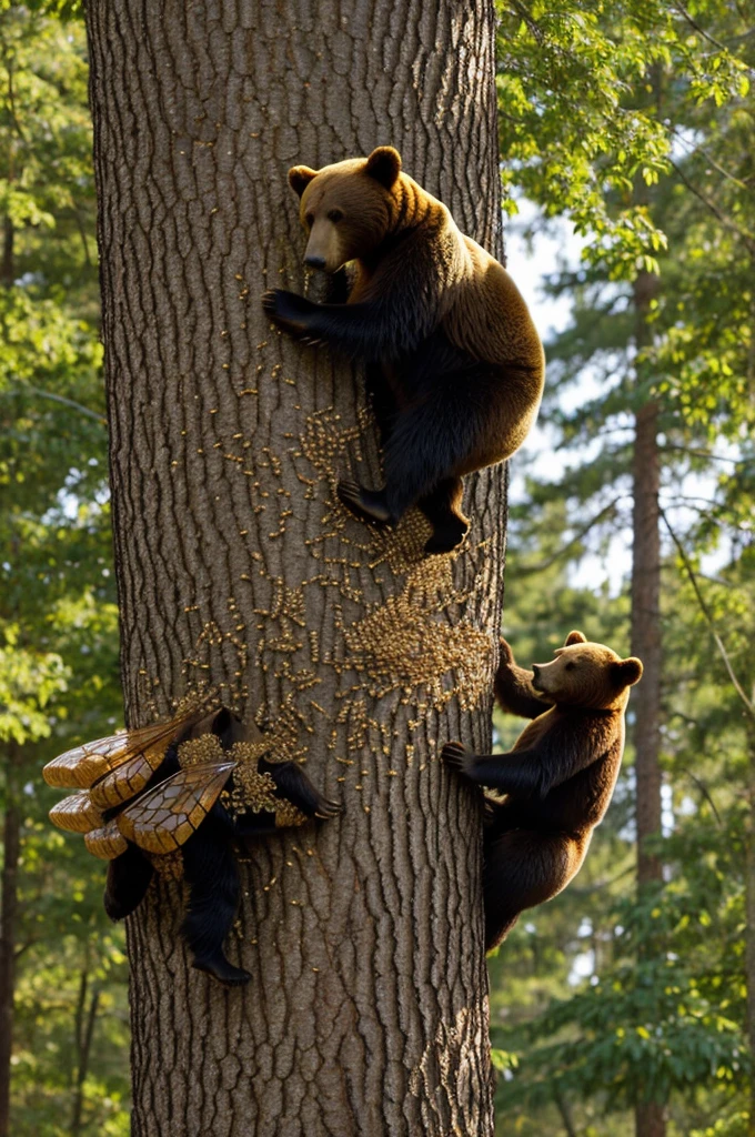 A bear with a hive of bees and honey hanging on a tree in the forest 