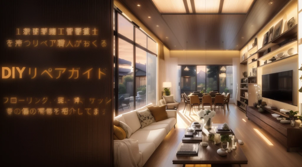 there is a living room with a couch and a table in it, Advertising images, Residential area, Luxurious surroundings, living room, Beasts, archviz, modern  living room, celestial beings, Japanese House, in house, Residential, Natural light. 8k yen, Ultra-realistic, Ultra-realistic, v ray, Video Ray Western Style