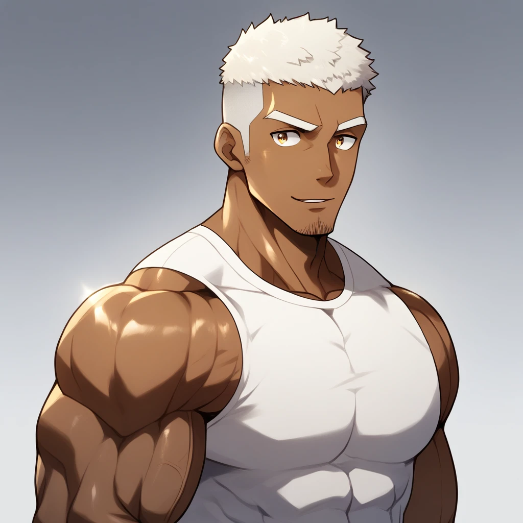 Dark Black Skin negro, anime characters:Gyee, Fitness coach, negro black skin, 1 muscular tough guy, Manliness, male focus, Cream White Sleeveless Tight T-Shirt, Very tight, The pectoral muscles are oversized, Slightly transparent, muscular male, muscular, only, Upper body, alone, White short hair, Thick eyebrows, stubble, Brown Eyes, Shiny, Grey background, simple background, amazing quality, best aesthetics, Ridiculous, bright pupils, crew cut, parted lips, seductive smile, torogao, naughty face, drop shadow, best quality