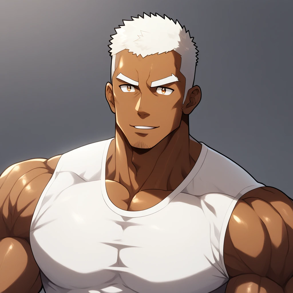 Dark Black Skin negro, anime characters：Gyee, Fitness coach, negro black skin, 1 muscular tough guy, Manliness, male focus, Cream White Sleeveless Tight T-Shirt, Very tight, The pectoral muscles are oversized, Slightly transparent, muscular male, muscular, only, Upper body, alone, White short hair, Thick eyebrows, stubble, Brown Eyes, Shiny, Grey background, simple background, amazing quality, best aesthetics, Ridiculous, bright pupils, crew cut, parted lips, seductive smile, torogao, naughty face, drop shadow, best quality