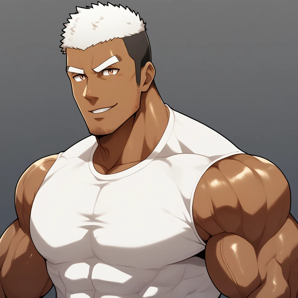 Dark Black Skin negro, anime characters:Gyee, Fitness coach, negro black skin, 1 muscular tough guy, Manliness, male focus, Cream White Sleeveless Tight T-Shirt, Very tight, The pectoral muscles are oversized, Slightly transparent, muscular male, muscular, only, Upper body, alone, White short hair, Thick eyebrows, stubble, Brown Eyes, Shiny, Grey background, simple background, amazing quality, best aesthetics, Ridiculous, bright pupils, crew cut, parted lips, seductive smile, torogao, naughty face, drop shadow, best quality
