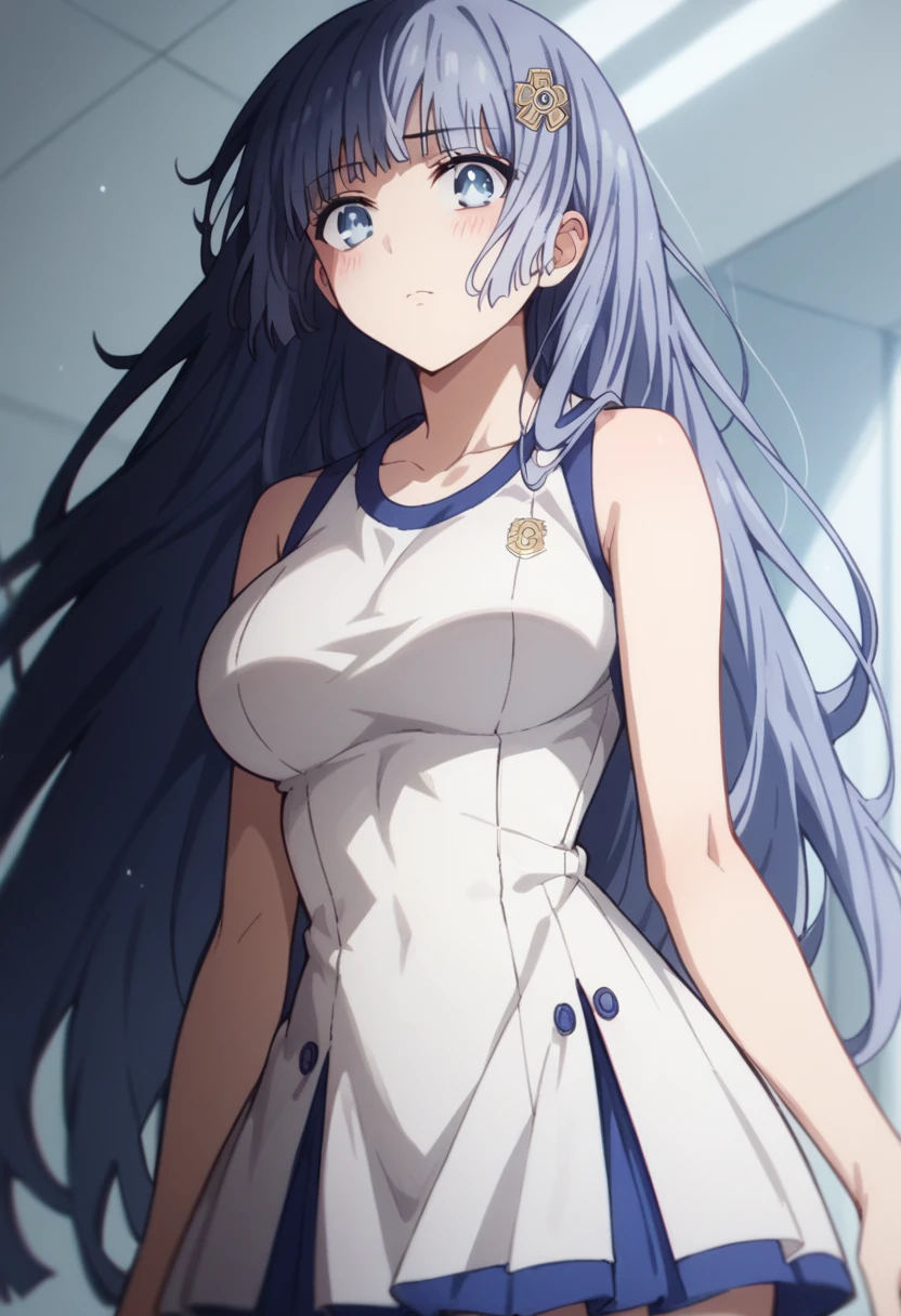 Score_9, Score_8_up, Score_7_up, anime_font, mikuizayoi, miku izayoi, bangs, blunt bangs, hime cut, hair topper, long hair, blue eyes, blue hair, blushing, dutch angle, cowboy photo, looking at viewer, alone, big breasts, chapped lips,
only,
sportswear, white dress, neckline, sleeveless,
mini skirt,