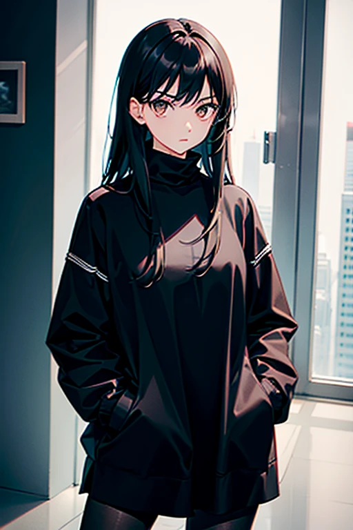 1girl, solo, looking at viewer, upper body black hair, long hair, brown eyes, intimidating look, bright eyes, black jacket, black long-sleeved turtleneck blouse, ((hands in pockets))