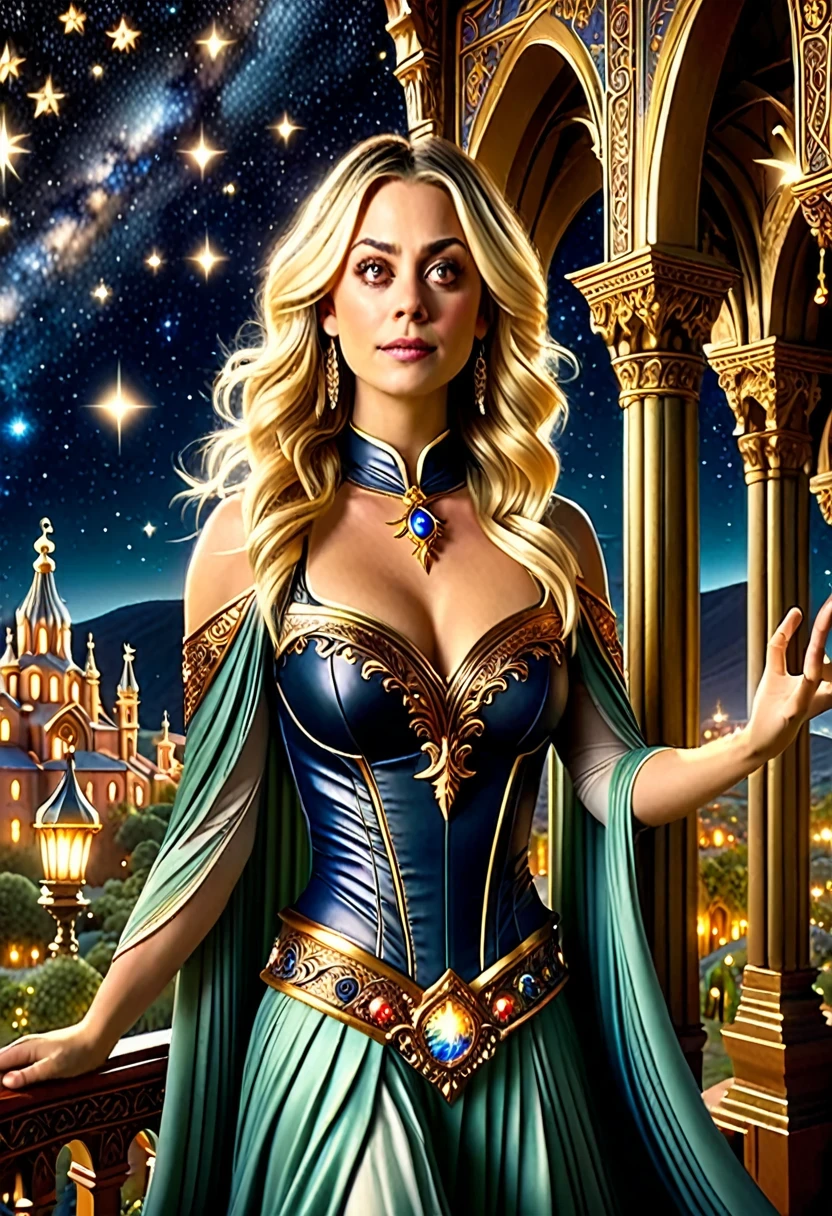 Uma bela e requintada mulher (Kaley Cuoco as Billie, from the Charmed series) standing under the starry night sky on the balcony of her monastery, action photo, dynamic angle (ultra detalhado, Obra-prima, melhor qualidade), rosto ultra detalhado (ultra detalhado, Obra-prima, melhor qualidade), ultra feminina, (pele clara: 1,3), cabelos ondulados, dynamic eye color, olhos frios, olhos brilhantes, olhos intensos, dark red lips, [presas], vestindo preto (ultra detalhado, obra-prima , melhor qualidade), usando capa branca (ultra detalhada, Obra-prima, melhor qualidade), capa longa, flowing cape (ultra detalhada, Obra-prima, melhor qualidade), usando botas de salto alto, sky full of stars in the background, lua, action photo, detalhes altos, melhor qualidade, 16k, [ultra detalhado], obra-prima, melhor qualidade, (ultra detalhado), corpo inteiro, foto ultra ampla, fotorrealismo, arte de fantasia sombria, arte de fantasia sombria, muitas estrelas, escuro arte de fantasia, feeling dread.