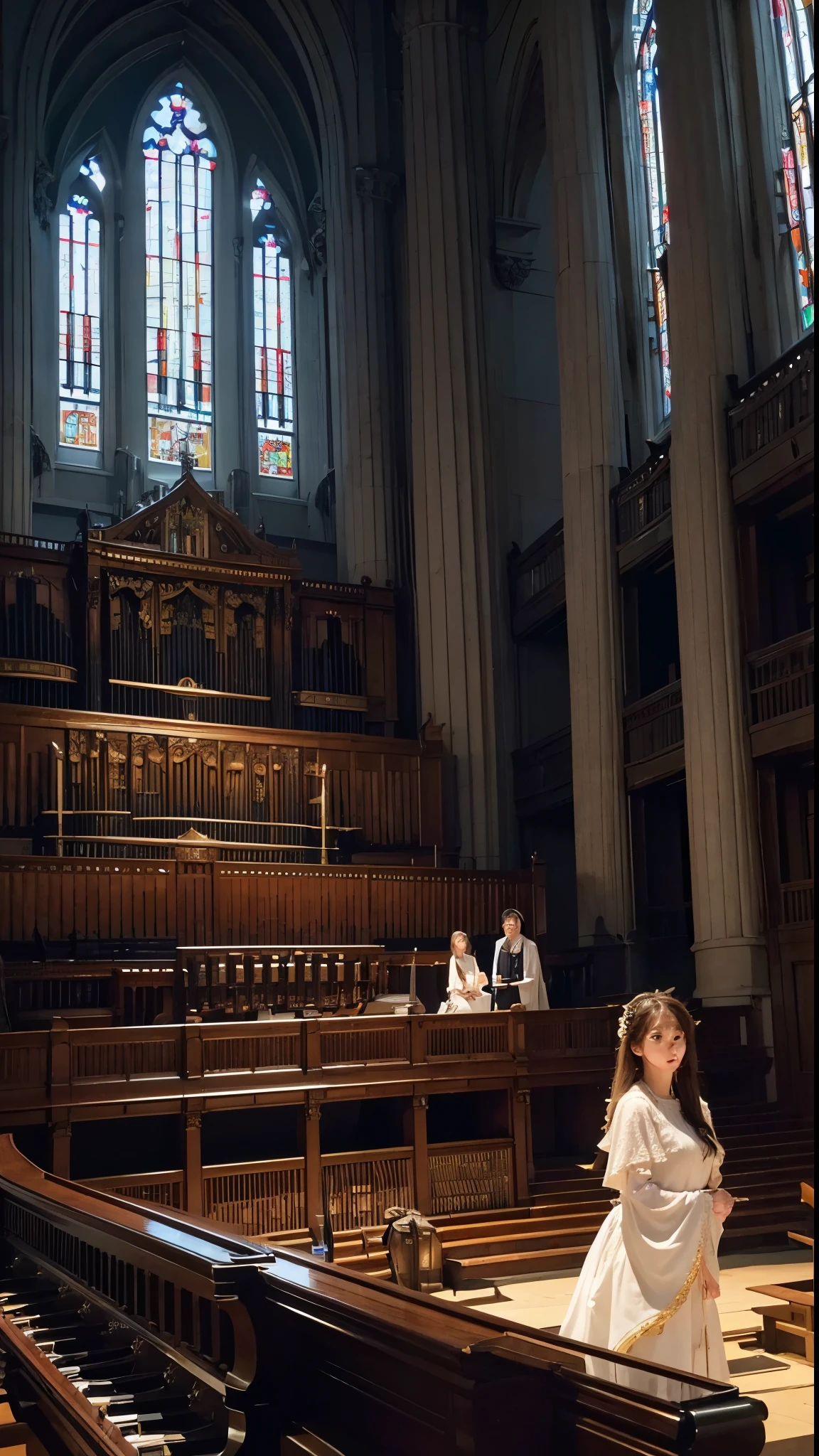 image:8K ultra-high resolution、A solemn and sacred atmosphere of the pipe organ concert ELP Live image(Masterpiece、Detailed Craftsmanship、Great handling of the light、Primelight、Detailed background design、Strong、Film yszilla falls) Emily Lee Pett(Emily Lynne Petter)In the scene of the pipe organ concert with piano