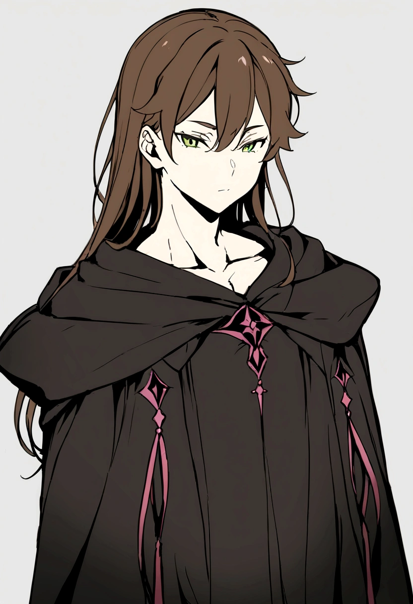 Masterpiece, High quality, High quality of art, best quality, best details, anime lineart, Re:Zero art style, 1boy, boy ager, dark brown hair, Length of hair to the neck, dark brown green eyes color, Tall stature, black cultist robe, 18-21 years old