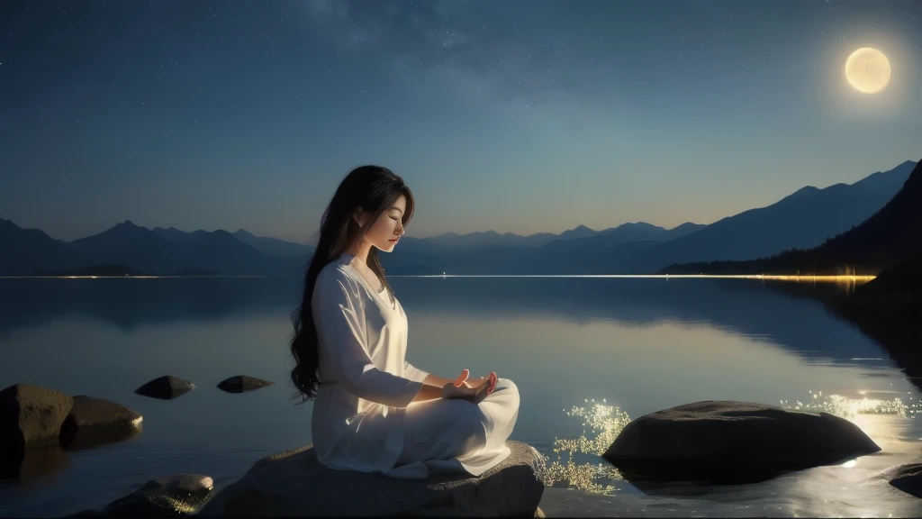 Arabian woman sitting on a rock in front of a lake at night, zen meditation, meditation pose, meditationする, meditationする pose, Float into a powerful Zen state, Spiritual Enlightenment, meditation, meditationする in lotus position, hindu stages of meditation, elven spirit meditationする in space, Calm expression, Calm emotions, yoga meditation pose, praying meditationする