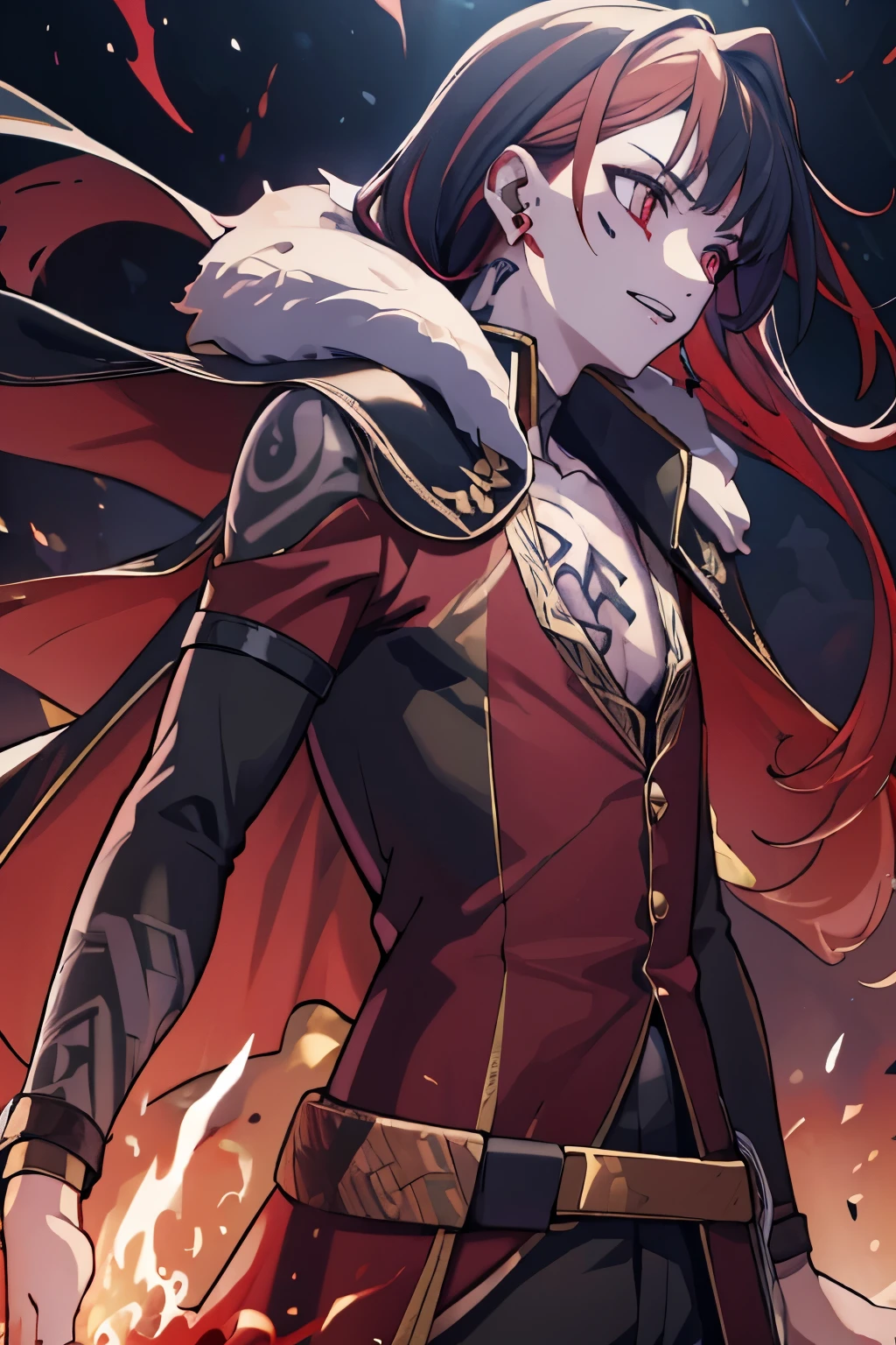 4K high resolution, one male, (((Rune Tattoos))), red and black hair, prince Knight dress suit,, cape 