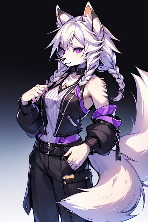 ( Absurdly , High quality , ultra detailed ) ,( hand detailed ) , 1girl, solo, mature, absurdres(highly detailed beautiful face and eyes)perfect anatomy Solo, Young Female white fox-cat (((lean-body))) (((medium breasts))) (short snout),(((fur (black stripe) between neck and shoulder towards chest))) ((fur (black stripes) on waist))(ears are darker), ((violet eyes)), (cat tail (black at end)), (white hair (single-braided)), ((Female wolf)) ((fox cat)), (detailed eyes), (clevedge, (collarbone, shoulders), (solo, (1girl)) ((((fluffy white fur)))), white hands, ((extremely detailed fur)) ((hair in face)) (big braid), (thin long tail) (extremely detailed eyes), white hands, happy, barefoot, (kingdom hearts style jacket and pants) midrriff, (nomura tetsuya) (nomura tetsuya style clothing), violet clothes