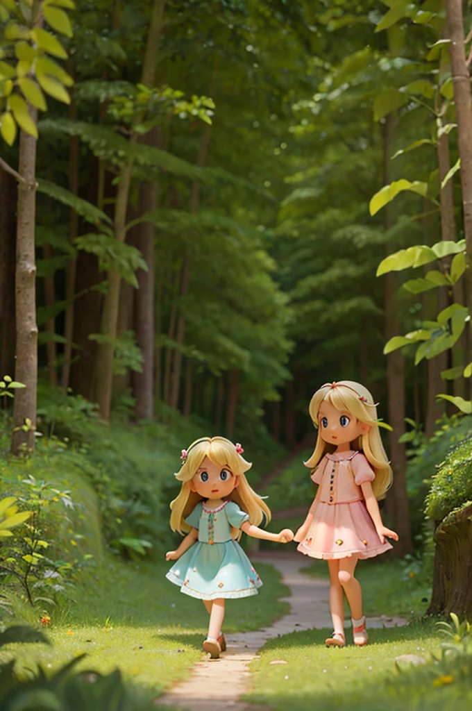 a little blonde girl with long hair holds the hand of a blonde fairy with short hair, and they go into a forest, both 6 year old girls,