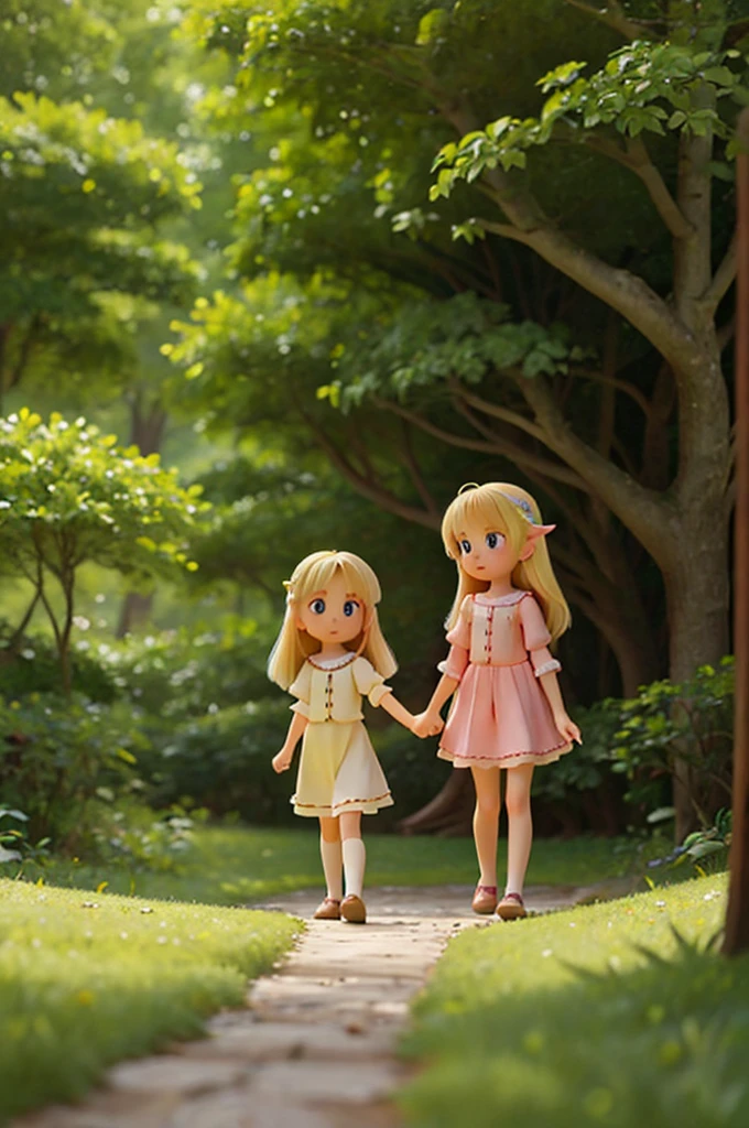 a little blonde girl with long hair holds the hand of a blonde fairy with short hair, and they go into a forest, both 6 year old girls,