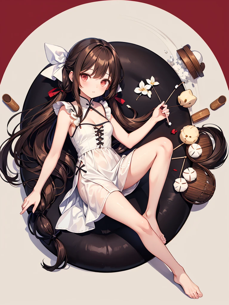 Plain white china dress with black string side opening, sleeveless knee-length cleavage,Brown hair long hair dumpling twin tail, black hair ribbon,white China shoes, Barefoot,About 16 years old,