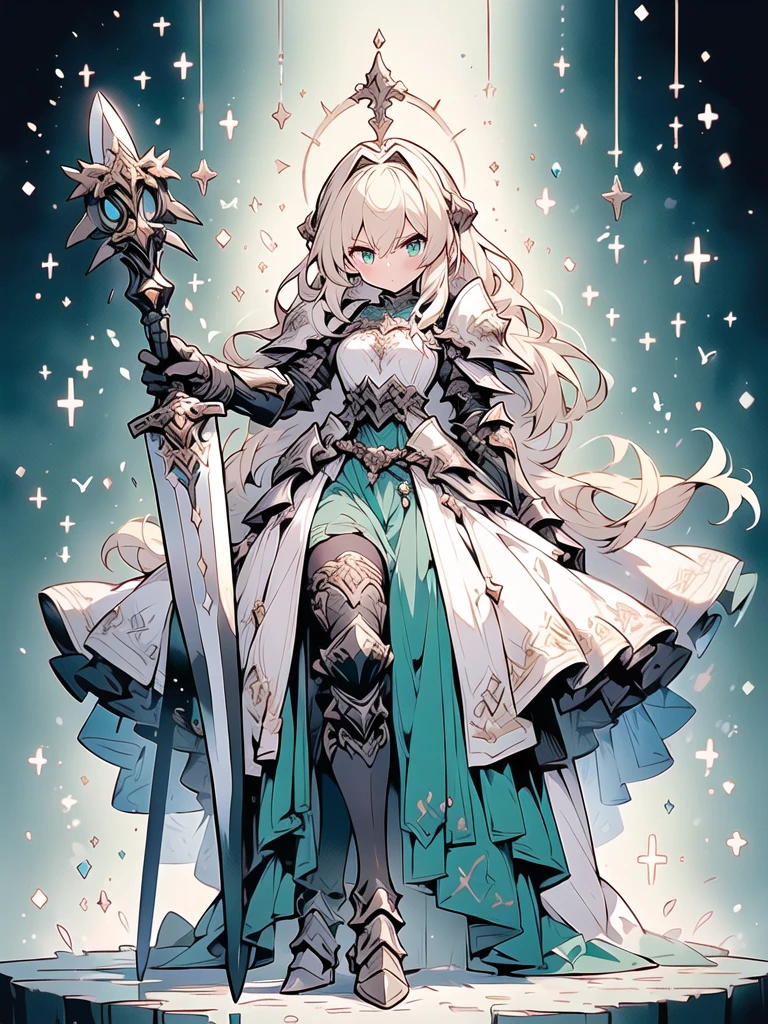 (((masterpiece, best quality, high detailed, 8k))) Design a layout showcase Gaming character, (1girl). Green|Gold clothes, stylish and unique. ((showcase weapon:1.4)), nature staff. (masterpiece:1.2), (best quality), 4k, ultra-detailed. (Step by step design, layout art:1.5), (luminous lighting, atmospheric lighting). druid, ((glove full hands)), (((revealing clothes:1.3))), vambraces, armored legwear, (((full_body_shot:1.4))). {In a magical meadow}.

