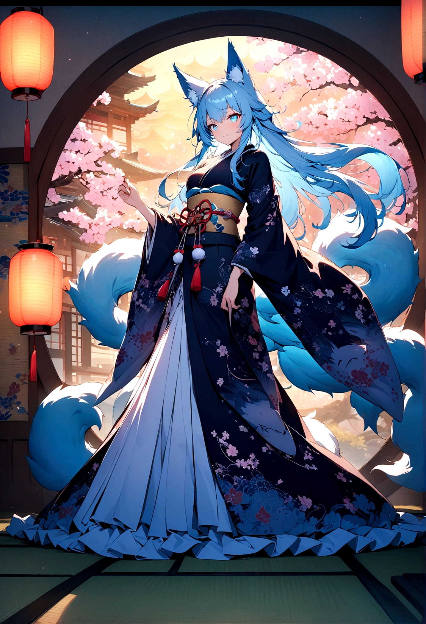 fox Light blue hair beast girl indigo fur fox beast girl Wallpaper 4k,8k,highly detailled,,vivid colors,detailed kitsune with 9 tails,traditional Japanese artwork,tatami floor,beautiful cherry blossoms,floating lanterns,dark silhouette of a pagoda,subtle moonlight,dense forest,ethereal atmosphere,dappled sunlight,whimsical spirit,serene expression,elaborate kimono and obi,delicate hand-painted details,luminous eyes