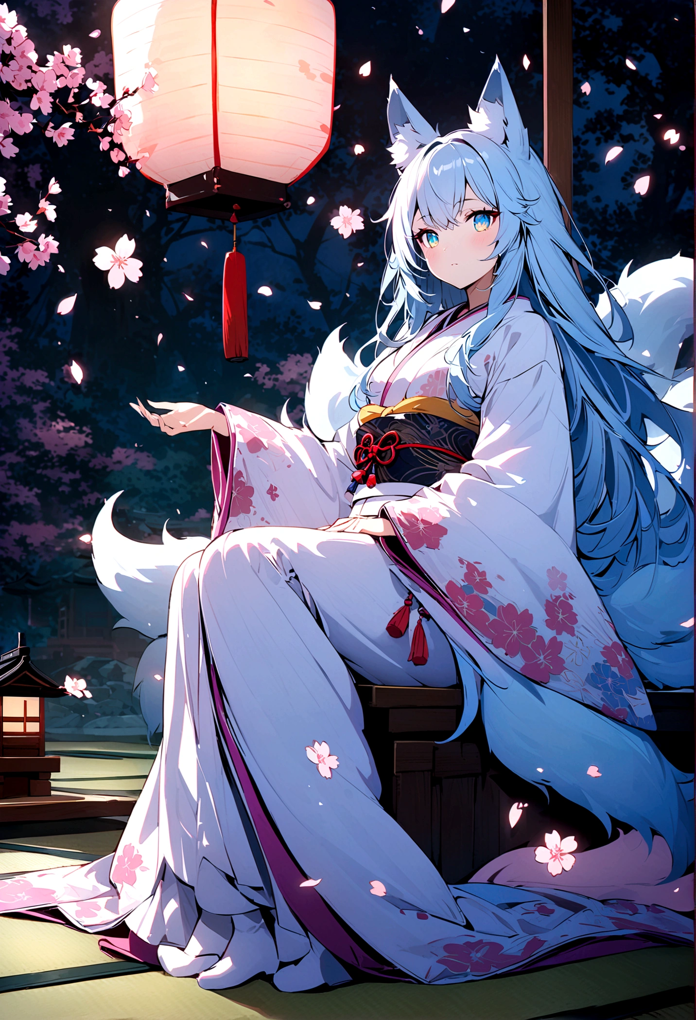 fox Light blue hair beast girl indigo fur fox beast girl Wallpaper 4k,8k,highly detailled,,vivid colors,detailed kitsune with 9 tails,traditional Japanese artwork,tatami floor,beautiful cherry blossoms,floating lanterns,dark silhouette of a pagoda,subtle moonlight,dense forest,ethereal atmosphere,dappled sunlight,whimsical spirit,serene expression,elaborate kimono and obi,delicate hand-painted details,luminous eyes