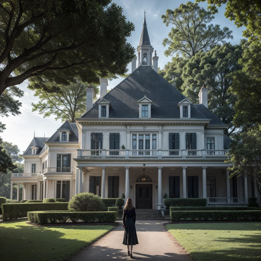 Chapter 1: Arrival at the Mansion"Uma jovem mulher, Caroline Ellis, arrives at an old Gothic mansion in Terrebonne Parish, Louisiana, ao entardecer. The mansion is large and imposing, com uma fachada desgastada e janelas altas, parcialmente cobertas por heras. the sky is cloudy, criando uma atmosfera sombria e misteriosa. Caroline is in front of the mansion, holding a small suitcase and looking apprehensively at the house. There are tall, shady trees all around, com uma leve neblina no ar. The environment conveys a feeling of restlessness and mystery."