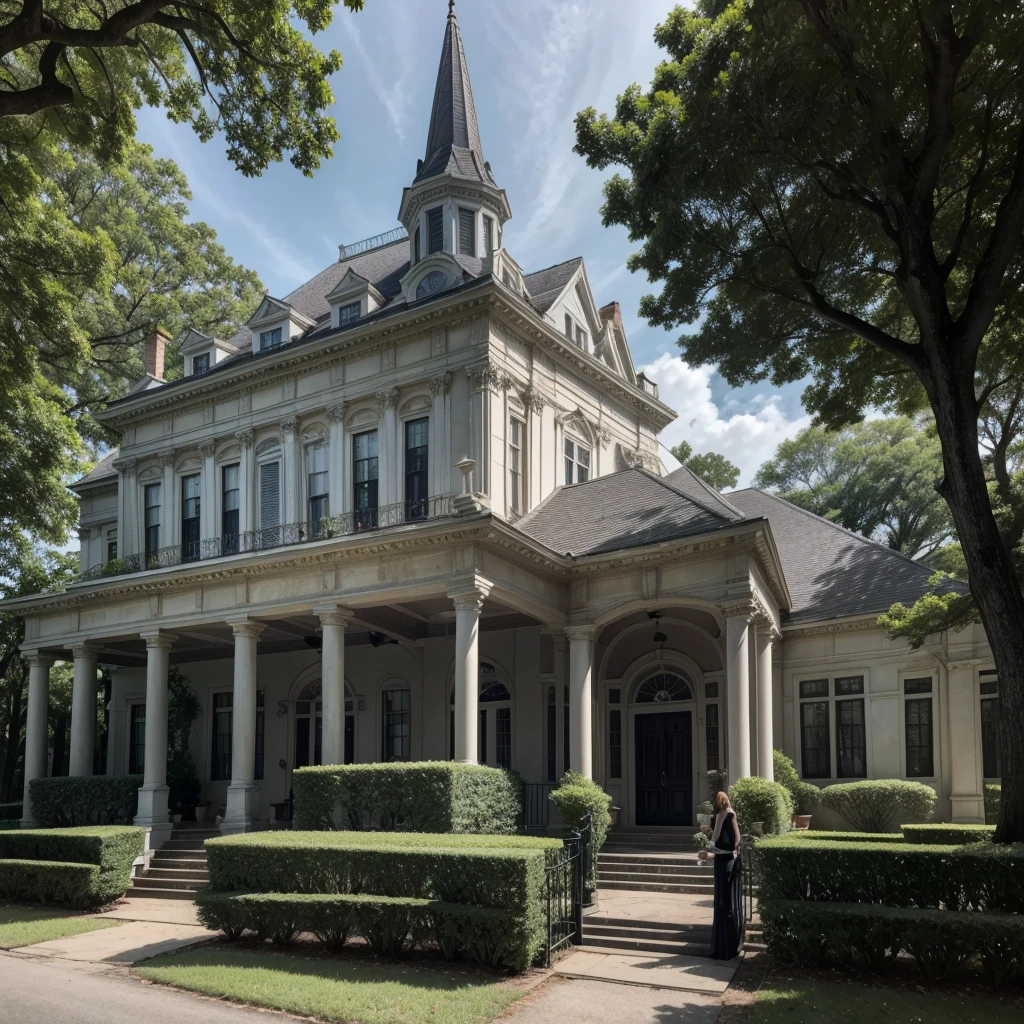 Chapter 1: Arrival at the Mansion"Uma jovem mulher, Caroline Ellis, arrives at an old Gothic mansion in Terrebonne Parish, Louisiana, ao entardecer. The mansion is large and imposing, com uma fachada desgastada e janelas altas, parcialmente cobertas por heras. the sky is cloudy, criando uma atmosfera sombria e misteriosa. Caroline is in front of the mansion, holding a small suitcase and looking apprehensively at the house. There are tall, shady trees all around, com uma leve neblina no ar. The environment conveys a feeling of restlessness and mystery."