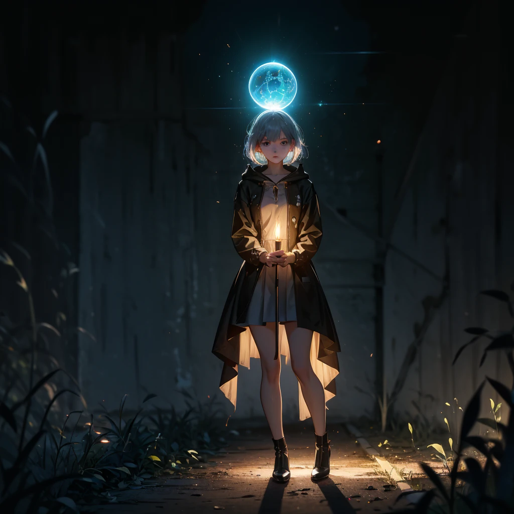(((masterpiece, best quality, high resolution, 8k, perfect face)))((full body shot)) of a girl in a dark hooded cloak and a mage hat, standing in a completely dark environment. She is holding a glowing orb of energy in her hands, which emits a soft, ethereal light. Surrounding her are numerous small lights in shades of {blue|purple}, casting a faint glow similar to candlelight. The only illumination comes from the orb and the particles around her. The atmosphere is {mysterious|otherworldly}, with a misty haze drifting around her feet. The ground beneath her is reflective, creating a mirrored effect that adds to the surreal ambiance. Subtle textures of ancient, worn stones and creeping vines can be seen in the background, hinting at a hidden, mystical place. The scene is quiet and enigmatic, with the girl's face partially obscured by the hood, her eyes focused intently on the luminous orb. She holds an intricately designed staff made of wood with metallic parts and embedded jewels. [Best quality], [Masterpiece], [Ultra-detailed], [4k], {serene|intense} atmosphere, {mystical forest|ancient ruins}, {dynamic pose|relaxed pose}, complete darkness, {soft shadows|dramatic lighting}, {reflected light on the ground:0.7}, {misty haze:0.6}, {glowing plants:0.5}, {creeping vines:0.4}, {ancient stones:0.3}.