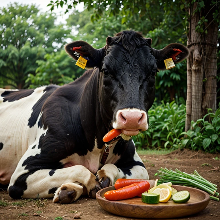 Cow, sad, look, human eating vegetables in front of him