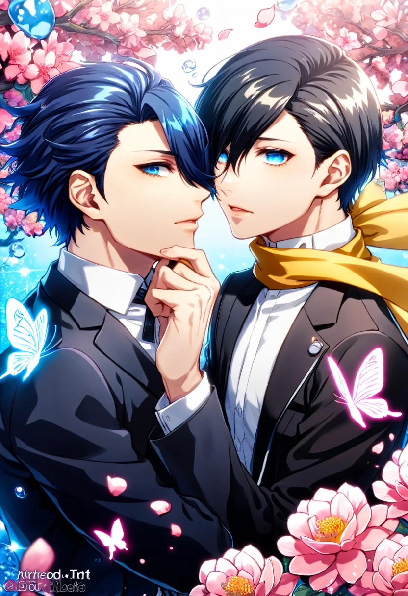 absurdres, highres, ultra detailed, HDR, master piece, best quality, Arisato Minato, dark blueshort hair, hair over the right eye, expressive blue eyes, Persona 3, Mochizuki Ryouji, black hair slicked back, ruffled hair, expressive blue eyes, two sexy men together, gay couple, yaoi, handsome, black jacket, white shirt, yellow scarf, magical, fantasy, shining, pink flowers, pink blossoms, pink butterflies, pink petals, water