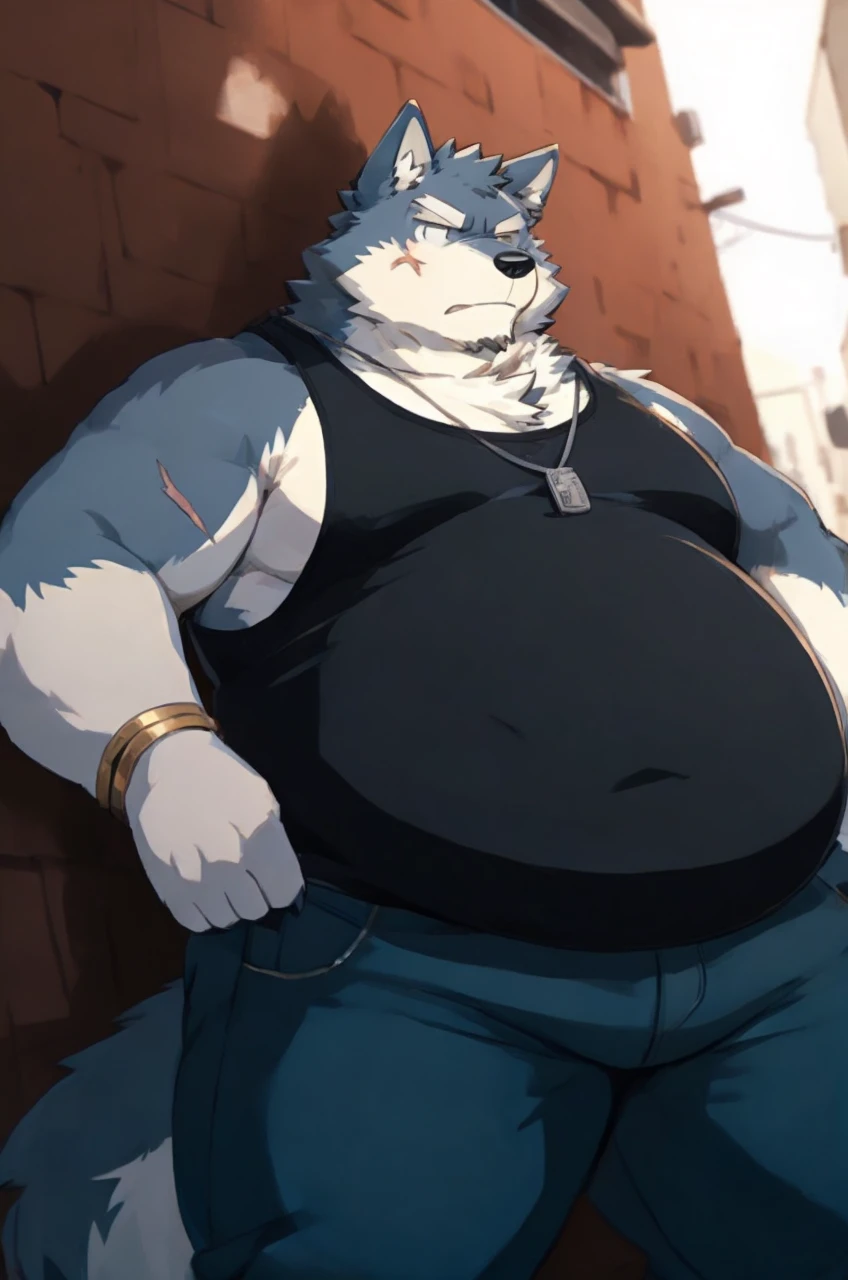 sketch of anthro overweight wolf with big round belly stands in an urban alleyway. serious expression is marked by a small scar on his cheek. He sports a black tank top, blue jeans, and a dog tag necklace, digital art, anime stylish style, kemono art, e621, pixiv, cartoonish