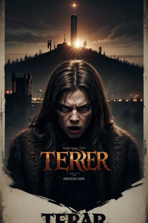 Create a themed movie poster "Terror" using overlay, montagem e tipografia.me de uma imagem do filme "ENROLADOS" so que de terror