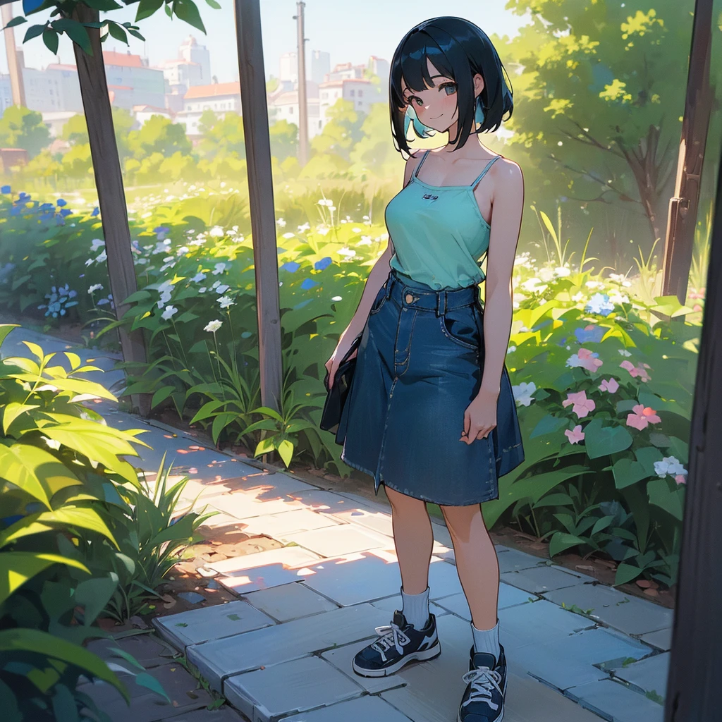 (high quality, High resolution, Very detailed, reality:1.37), Peaceful atmosphere, (Outdoor, garden), age girl standing alone, (my breasts are big.), Beautiful details, Cute Smile, (Black bob hair), camisole, Denim skirt, Blue socks, sneakers.