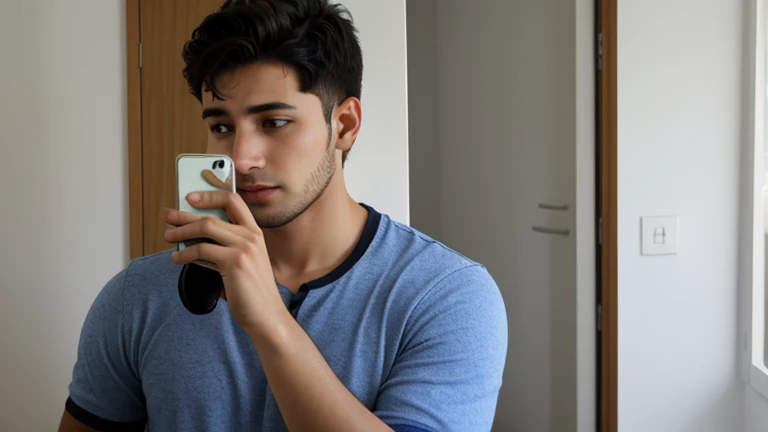 una hombre joven, en su hogar calido, llamando por celular