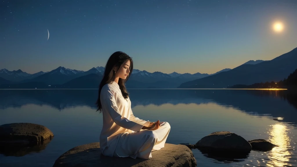 Arabian woman sitting on a rock in front of a lake at night, zen meditation, meditation pose, meditationする, meditationする pose, Float into a powerful Zen state, Spiritual Enlightenment, meditation, meditationする in lotus position, hindu stages of meditation, elven spirit meditationする in space, Calm expression, Calm emotions, yoga meditation pose, praying meditationする