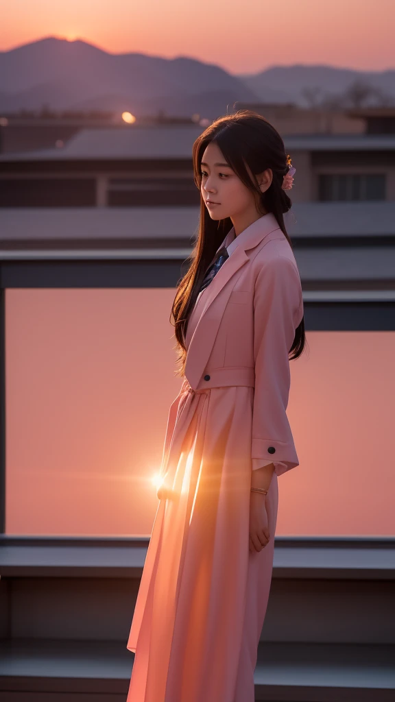Scene 1: Awakening the Power
• Description: Sakura Hoshizora stands on the school rooftop at sunset, her eyes wide with astonishment. The sky is painted in shades of orange and pink. In her hands, a small, glowing starstone pulses with a gentle blue light. The breeze ruffles her hair and school uniform as she feels a surge of power coursing through her body.
• Mood: Awe and wonder.
• Visual Style: Warm, ethereal lighting with a focus on the glowing starstone.