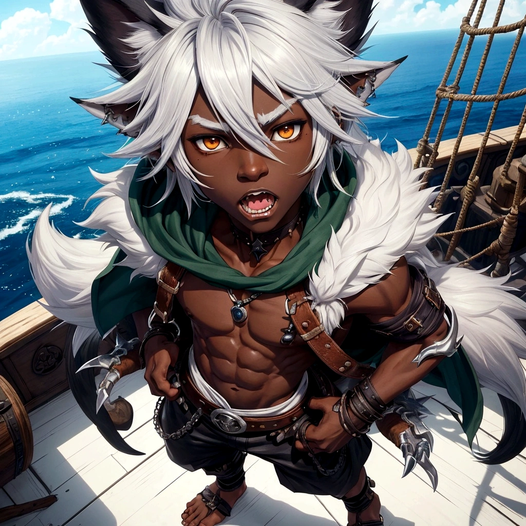 Full body art in the FinalFantasy-Anime style, a beautiful boy with black skin tone like ebony made of shadows, 11-years old, white eyes, spiky white hair lifted upwards, frayed and combed back. He has jaguar ears, sharp teeth and claws on his hands and feet, he is walking on the ship, he wears rustic Druid clothes made of very short leather, with a fur hood, perfect and large feet. on a pirate ship