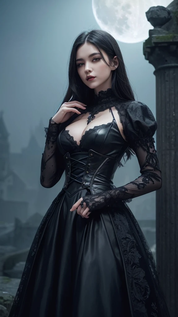 /imagine prompt: A high-resolution illustration of a vampire with sharp fangs, standing in the moonlit night. The vampire has a beautiful, mesmerizing appearance and is dressed in dark, elegant attire. The background features an ancient castle shrouded in mist, emphasizing the eerie atmosphere. Created using: digital art, vibrant color palette, dynamic composition, gothic style, detailed textures, hd quality --ar 16:9 --v 6.0