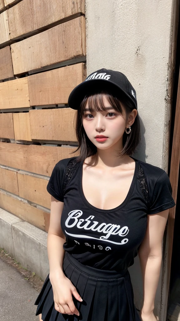 masterpiece, best quality, illustration, Super detailed, fine details, High resolution, 8K,wall paper, perfect dynamic composition,(Details High quality, realistic depiction of eyes:1.3), baseball cap, earrings, (black t-shirt), (black pleated skirt), short bob hair, black hair color, Big Natural Color Lip, sexy pose, (perfect body shape), crying a little、 Harajuku style、20 year old girl、cute type、lolita, hposing Gravure Idol, full body photo、focus on crotch, huge breasts