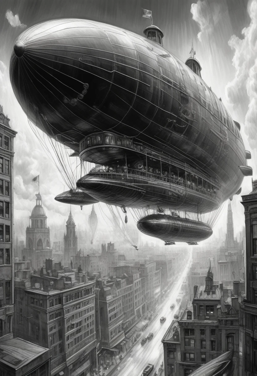 stunning black and white graphite sketch of a beautiful Steampunk dirigible airship flying over a futuristic city in dynamic pose, (by Alyssa Monks:1.1), by Joseph Lorusso, by Lilia Alvarado, beautiful lighting, sharp focus, 8k, high res, (pores:0.1), (sweaty:0.8), Masterpiece, Nikon Z9, Award - winning photograph