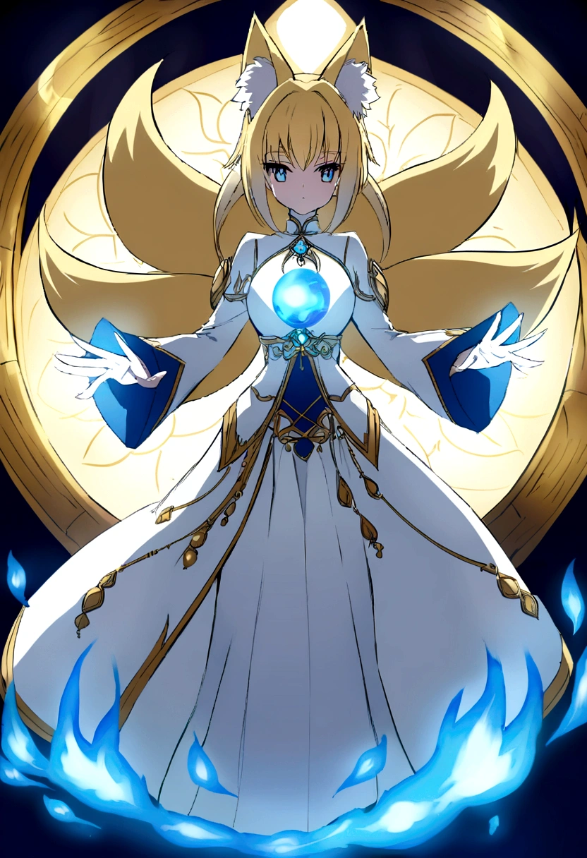 Anime Style fox blue White-faced golden-haired nine-tailed fox Coat blue mysterious background Blue Flame girl have a ball of light