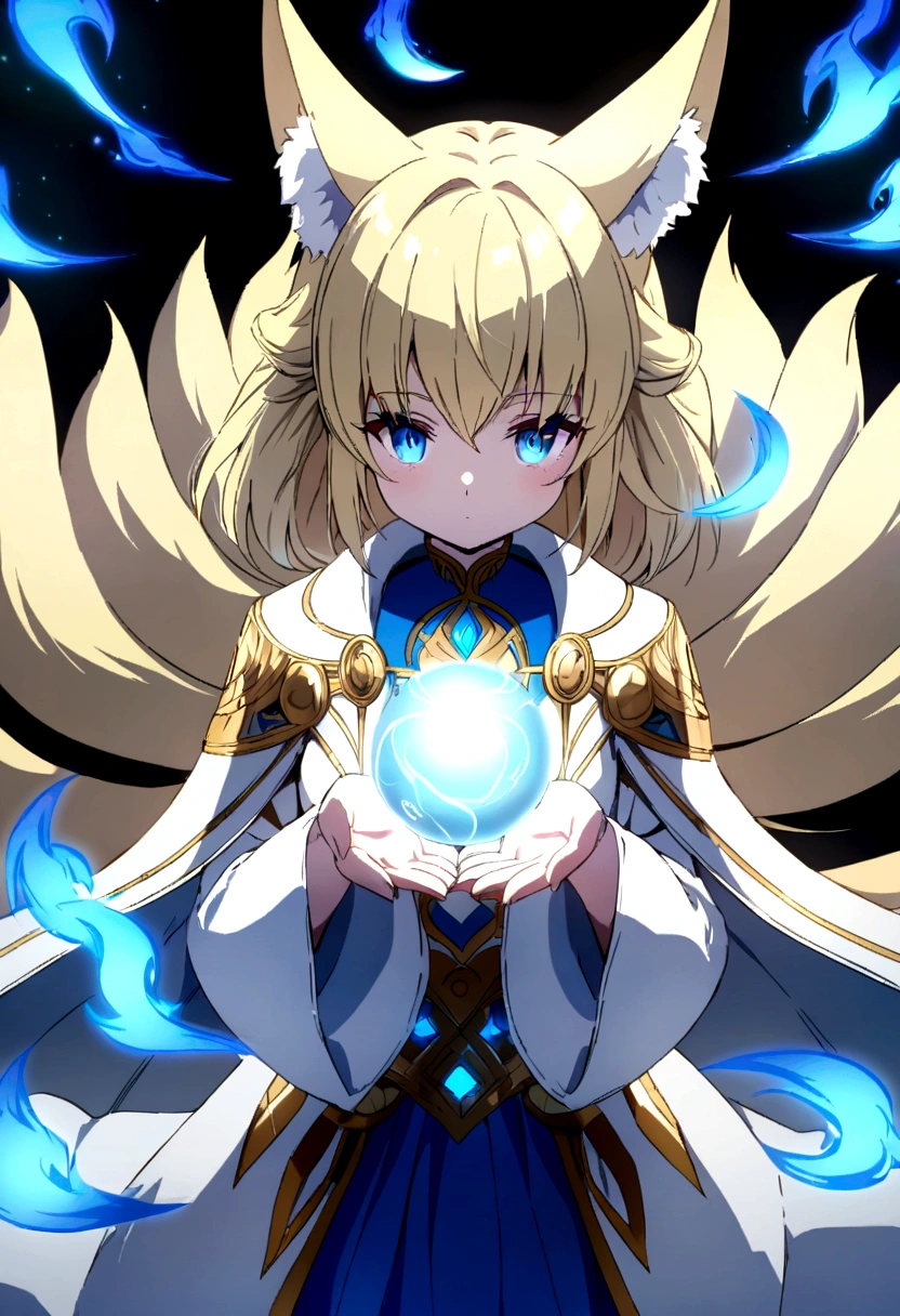 Anime Style fox blue White-faced golden-haired nine-tailed fox Coat blue mysterious background Blue Flame girl have a ball of light