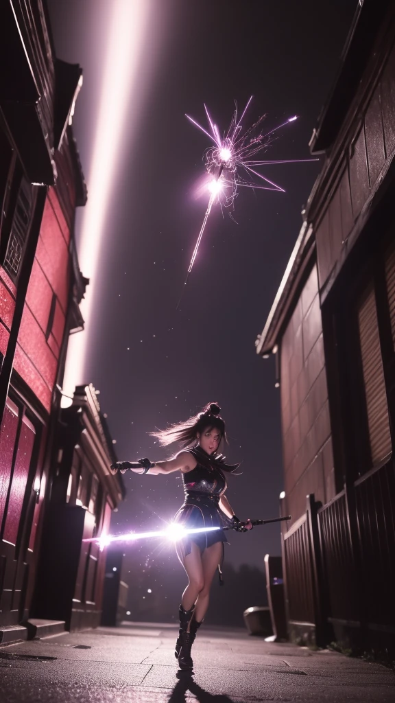 Scene 2: First Battle
• Description: In a dark alleyway, Sakura faces off against a shadowy, menacing creature. She is in her magical girl form, clad in a starry-themed outfit, wielding a staff that radiates starlight. The creature lunges at her, but she blocks it with a burst of light, her expression fierce and determined.
• Mood: Intense and action-packed.
• Visual Style: Dark, with sharp contrasts of light from Sakura’s magic.