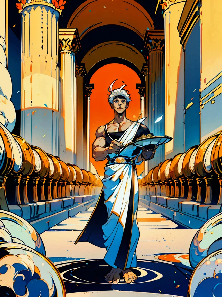 1boy, alone, 25 years old, young, white hair, blue eyes, insister sur les reflets des yeux bleus, cheveux blancs, mid lenght hair, bowl haircut, bowl hair cut, boss, formal business outfit, white outfit, arrogant look, hades style, hades game, Jen zee style, greek themed image, greek background, hypnos, tartarus scenery, fumes, greek columns in background, lots of columns, greek architecture, white themed image, white furniture, orange touches of color, orange walls, looking at viewer