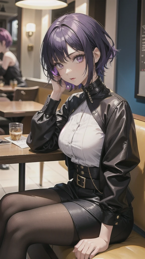 1 girl with short purple hair, golden eyes, and brown skin. The girl is wearing goth eclectic fashion style and sitting in a cafe