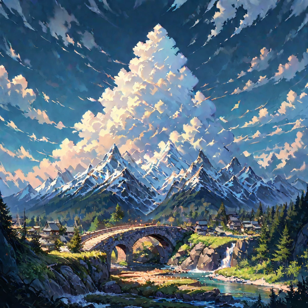 ((anime:1.4,illustration)),(masterpiece, top quality, best quality),(ultra-detailed, absolutely resolution),((16k, high res)),
BREAK {(anime movie by Studio Ghibli Style: 1.5)}
(((many bridge made by mountain, wide view, blue sky, cumulonimbus cloud)) ((cozy lofi illustration:1.4)),
BREAK { (produces images with information than 40 million pixels with cinematic-like detailed textures shot on a Sony SLR).}
BREAK {(((cinematic look))), soothing tones, insane details, intricate details, hyperdetailed, low contrast, exposure blend, hdr, beautiful blue image, (hi contrast),Sony SLR.}