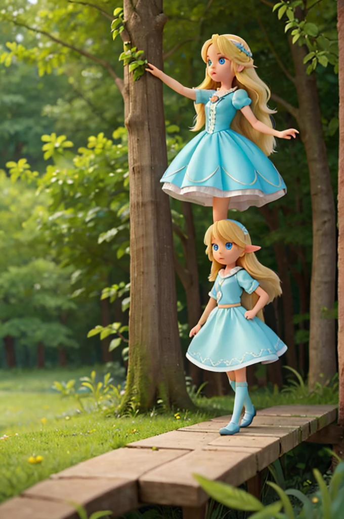 the with long blonde hair and light blue eyes follows the fairy with short blonde hair into the woods