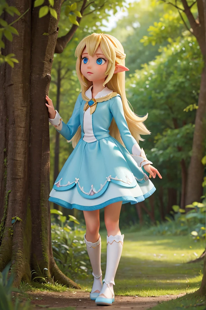the with long blonde hair and light blue eyes follows the fairy with short blonde hair into the woods