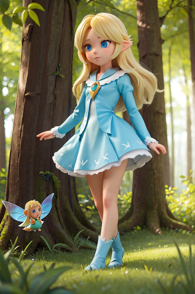 the with long blonde hair and light blue eyes follows the fairy with short blonde hair into the woods