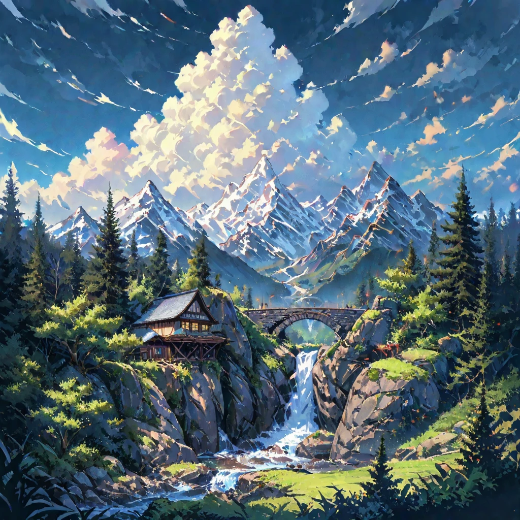 ((anime:1.4,illustration)),(masterpiece, top quality, best quality),(ultra-detailed, absolutely resolution),((16k, high res)),
BREAK {(anime movie by Studio Ghibli Style: 1.5)}

(((many bridge made by mountain, wide view, blue sky, cumulonimbus cloud)) ((cozy lofi illustration:1.4)), 

BREAK { (produces images with information than 40 million pixels with cinematic-like detailed textures shot on a Sony SLR).}

BREAK {(((cinematic look))), soothing tones, insane details, intricate details, hyperdetailed, low contrast, exposure blend, hdr, beautiful blue image, (hi contrast),Sony SLR.}
