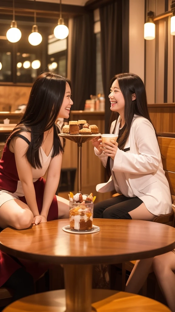 Scene 3: Discovering the Team
• Description: Sakura sits in a cozy café with three other girls, each exuding a unique magical aura. The table is filled with desserts and drinks. They are laughing and sharing stories, their bond growing stronger. Outside, the city lights twinkle, reflecting their bright future together.
• Mood: Warm and camaraderie.
• Visual Style: Soft, warm lighting with vibrant, colorful magic auras around the girls.