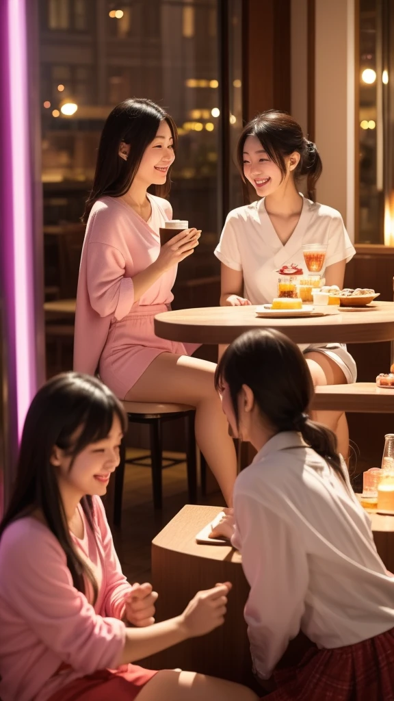 Scene 3: Discovering the Team
• Description: Sakura sits in a cozy café with three other girls, each exuding a unique magical aura. The table is filled with desserts and drinks. They are laughing and sharing stories, their bond growing stronger. Outside, the city lights twinkle, reflecting their bright future together.
• Mood: Warm and camaraderie.
• Visual Style: Soft, warm lighting with vibrant, colorful magic auras around the girls.