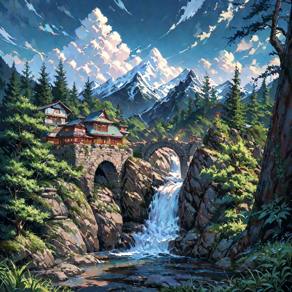 ((anime:1.4,illustration)),(masterpiece, top quality, best quality),(ultra-detailed, absolutely resolution),((16k, high res)),
BREAK {(anime movie by Studio Ghibli Style: 1.5)}
(((many bridge made by mountain, wide view, blue sky, cumulonimbus cloud)) ((cozy lofi illustration:1.4)),
BREAK { (produces images with information than 40 million pixels with cinematic-like detailed textures shot on a Sony SLR).}
BREAK {(((cinematic look))), soothing tones, insane details, intricate details, hyperdetailed, low contrast, exposure blend, hdr, beautiful blue image, (hi contrast),Sony SLR.}