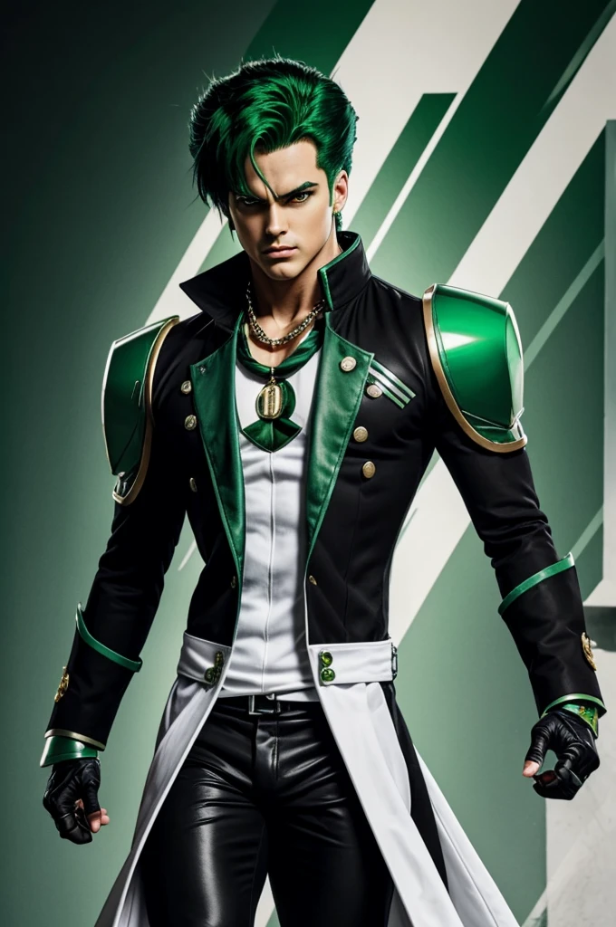 JoJo's Bizarre Adventure) man green hair, black coat, green military hairstyle, white pants, with green and black Anubis robot