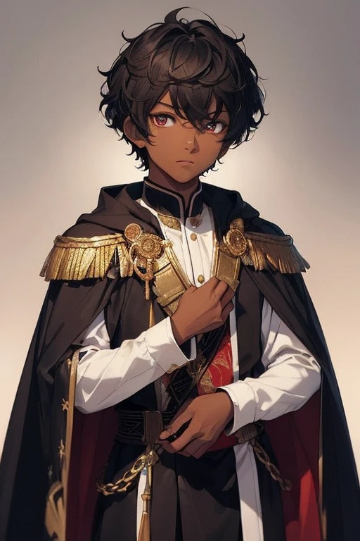 (Boy), (16-year-old teenager), (young man), (light brown skin tone), (the character's eyes have a bright iris with a white tone, four triangular tomoe symbols on the sides of the iris with bright blue and white details, a circular red background for the eye's pupil and a small black circle in the center), (average physical height for a teenager), (short, curly black hair in an Afro-Brazilian style), (transforming into a Super Saiyan level 1).