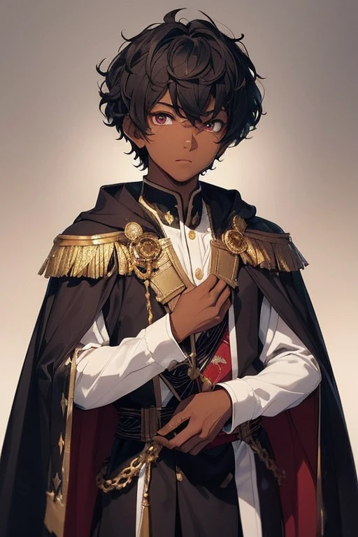 (Boy), (16-year-old teenager), (young man), (light brown skin tone), (the character's eyes have a bright iris with a white tone, four triangular tomoe symbols on the sides of the iris with bright blue and white details, a circular red background for the eye's pupil and a small black circle in the center), (average physical height for a teenager), (short, curly black hair in an Afro-Brazilian style), (transforming into a Super Saiyan level 1).